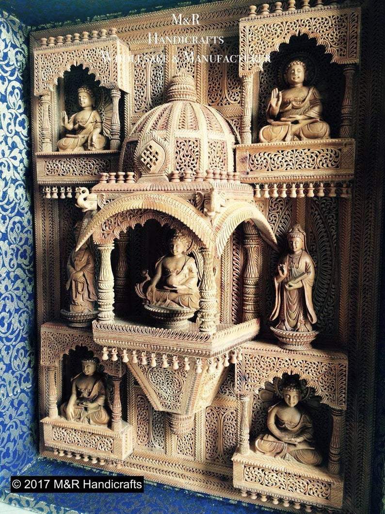 Sandalwood Carved BUDDHA Wall Hanging JHAROKHA Decorative Piece - Malji Arts