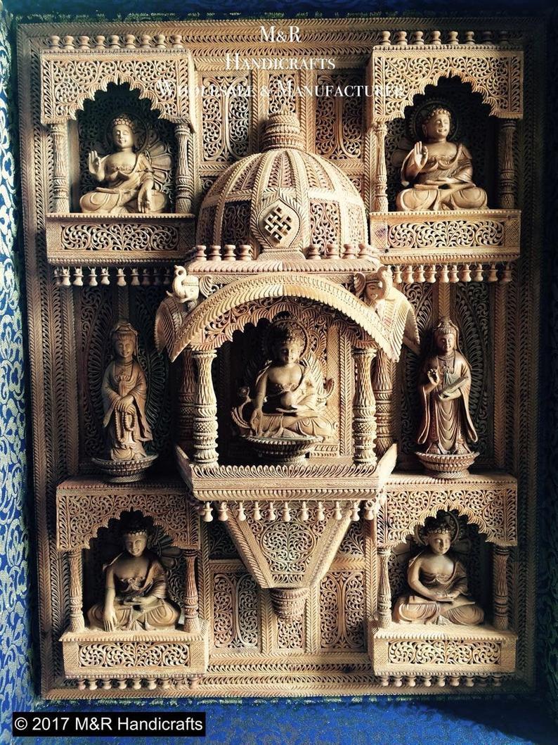 Sandalwood Carved BUDDHA Wall Hanging JHAROKHA Decorative Piece - Malji Arts