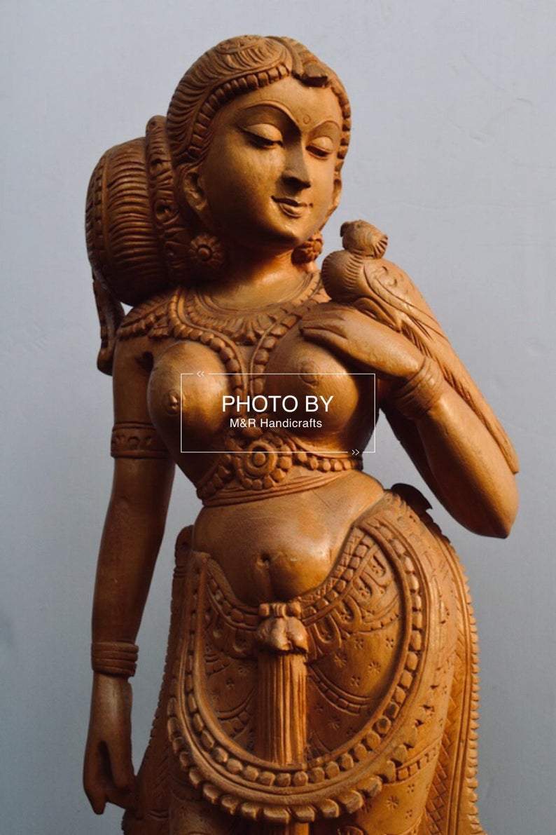 Wooden Royal Antique Standing Indian Lady Statue - Malji Arts
