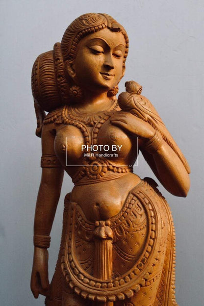 Wooden Royal Antique Standing Indian Lady Statue - Malji Arts