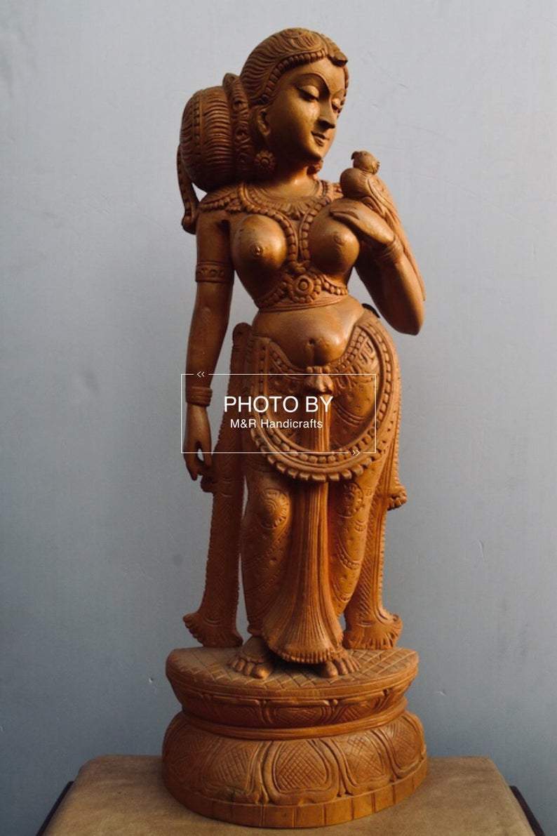 Wooden Royal Antique Standing Indian Lady Statue - Malji Arts