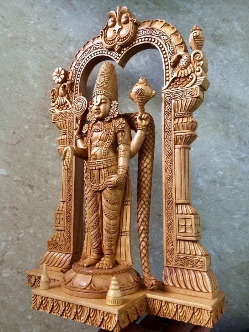 Wooden Fine Carved TIRUPATI BALAJI Statue - Malji Arts