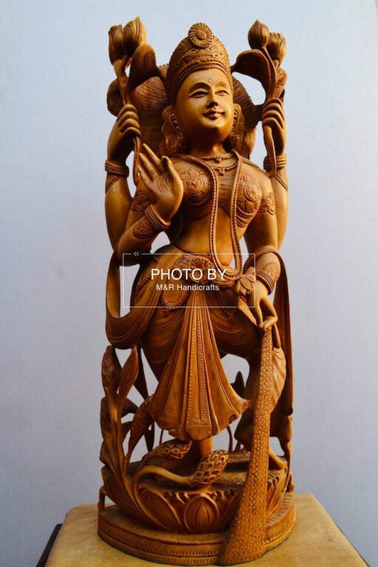 Wooden Beautifully Hand Carved Laxmi Ji Standing Statue - Malji Arts