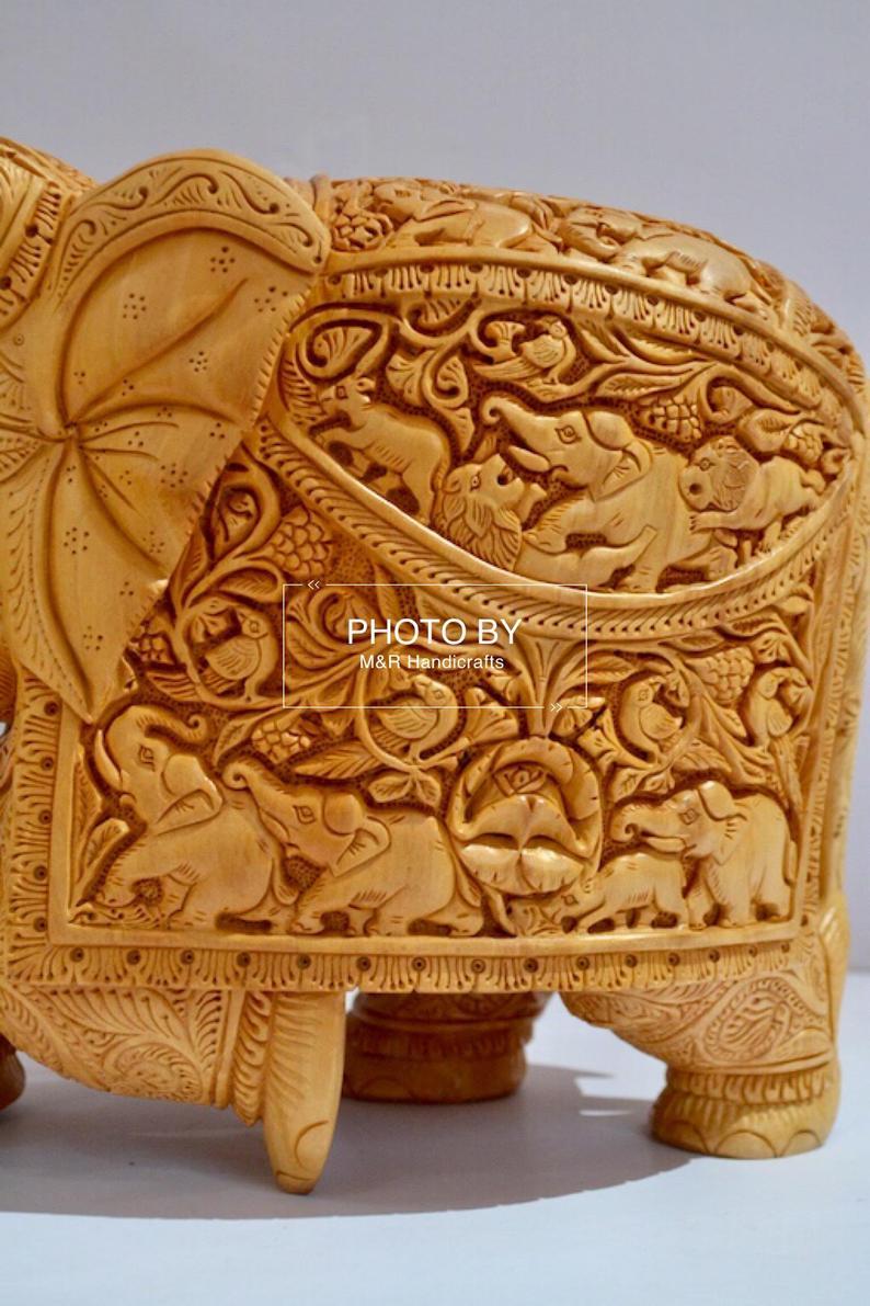 Wooden Very Fine Carved Elephant with Body Carving - Malji Arts
