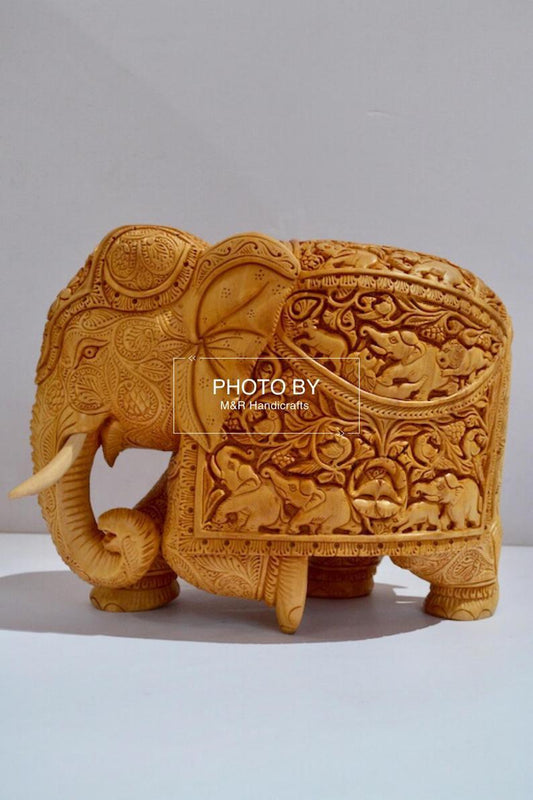 Wooden Very Fine Carved Elephant with Body Carving - Malji Arts