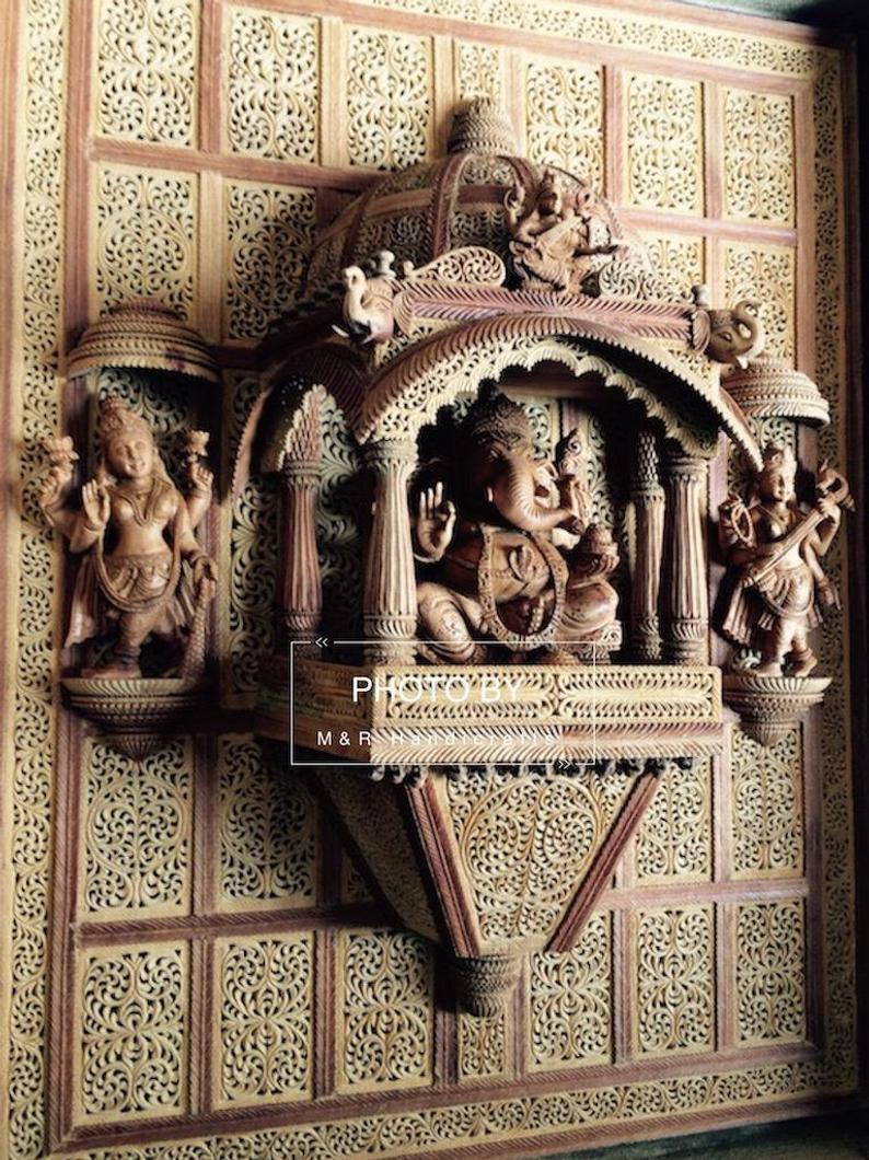 Sandalwood Carved GANESH DARBAR JHAROKHA, Wall Hanging Artwork - Malji Arts