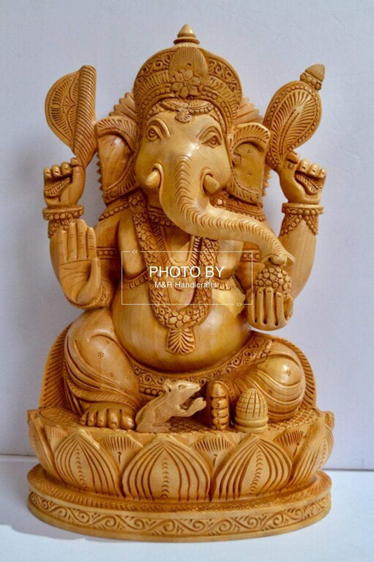 Wooden fine Hand Carved Lord Ganesha Sitting Statue - Malji Arts