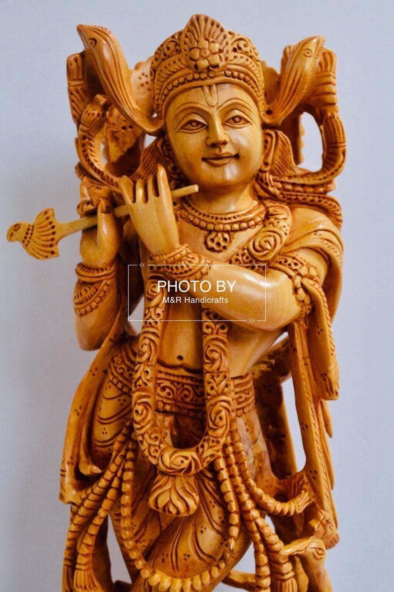Wooden Fine Hand Carved Standing Krishna Statue - Malji Arts