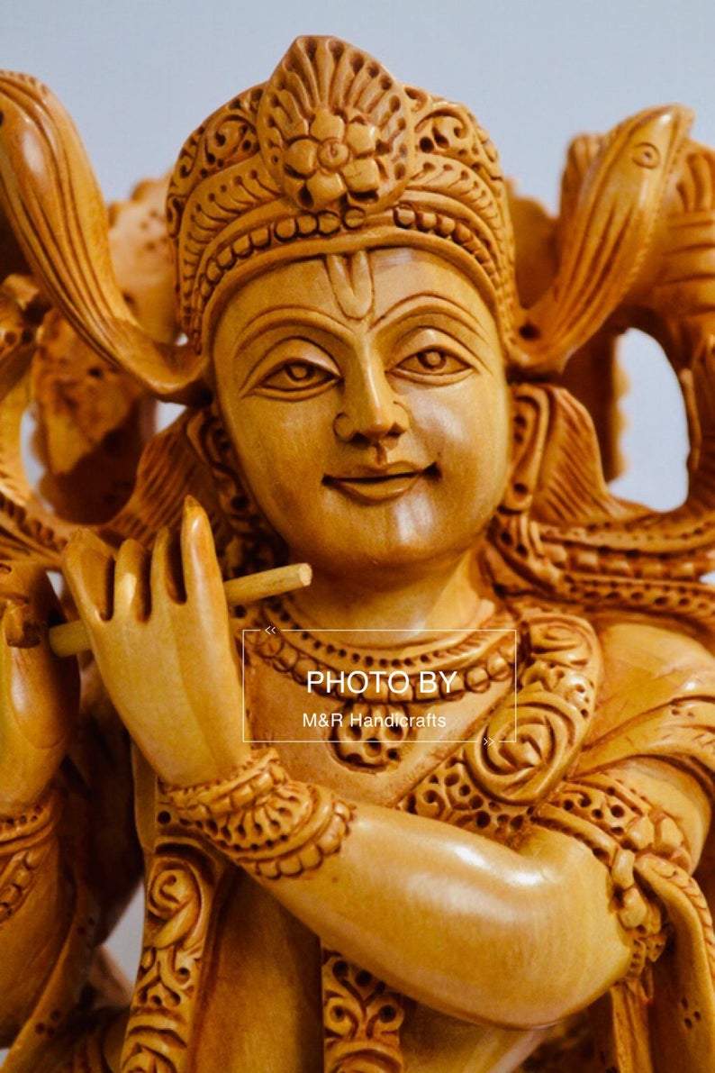 Wooden Fine Hand Carved Standing Krishna Statue - Malji Arts
