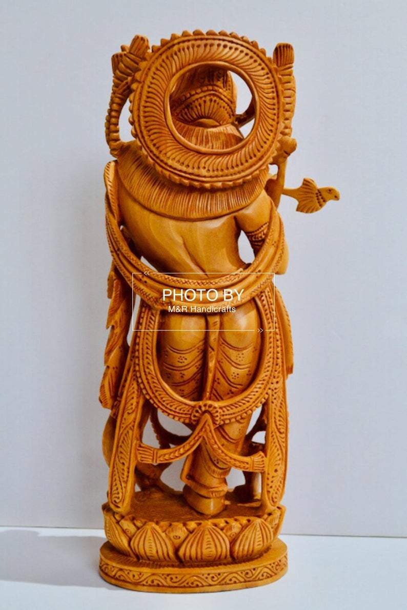 Wooden Fine Hand Carved Standing Krishna Statue - Malji Arts