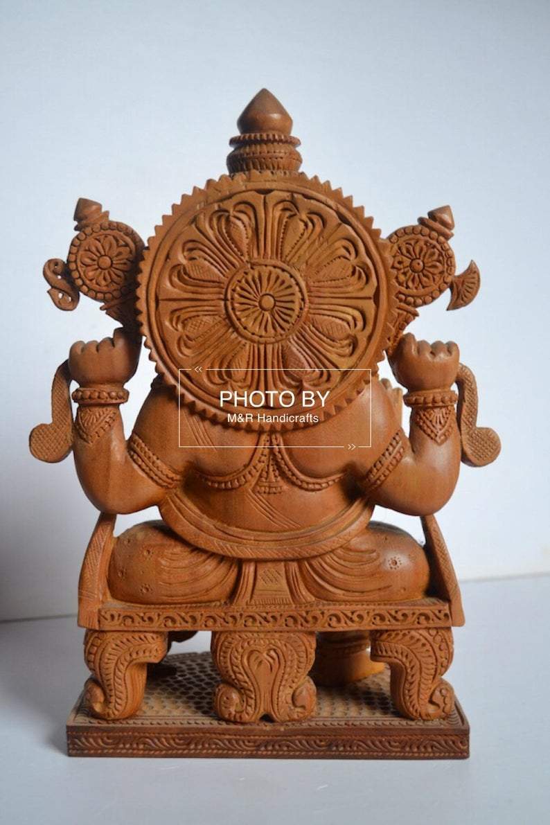 Sandalwood Beautifully Hand Carved Ganesha Sitting Statue - Malji Arts