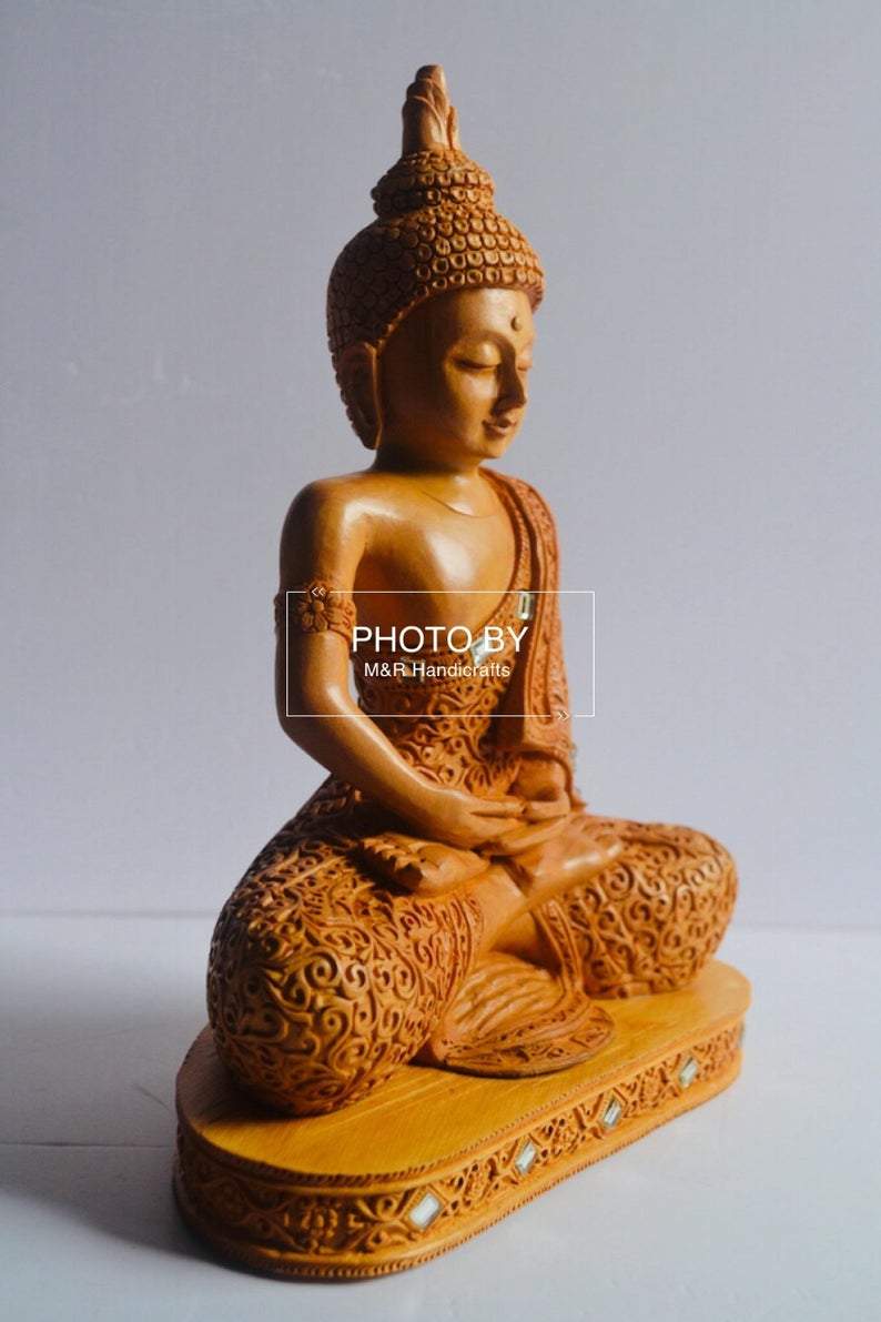 Wooden Beautifully Hand Carved Buddha Meditation - Malji Arts