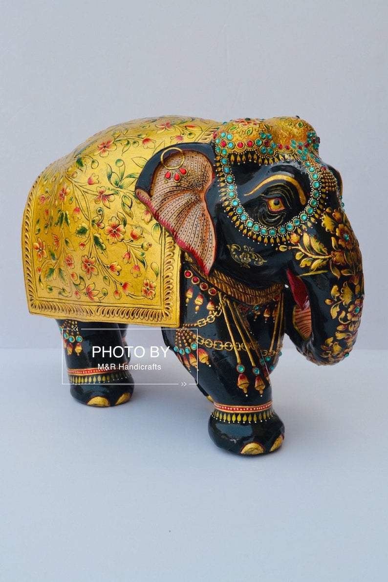 Wooden Fine Embossed Painted Elephant Statue - Malji Arts