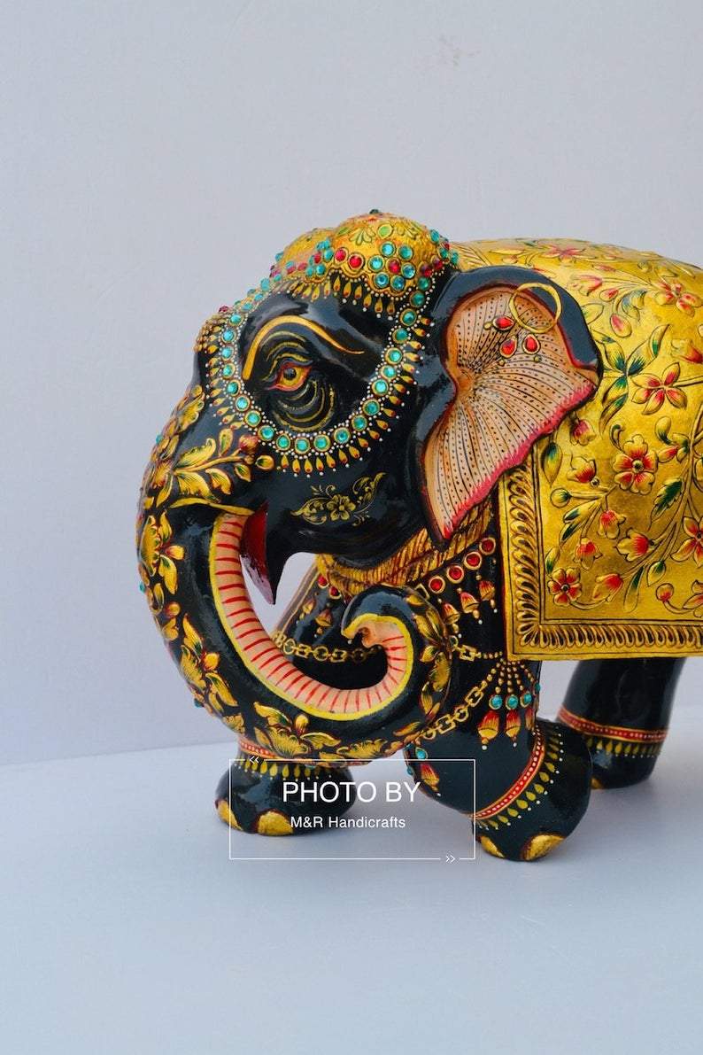 Wooden Fine Embossed Painted Elephant Statue - Malji Arts
