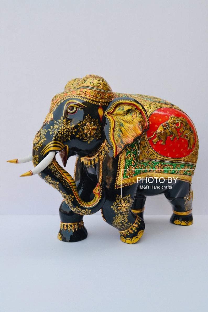 Wooden Fine Hand Painted Royal Elephant - Malji Arts