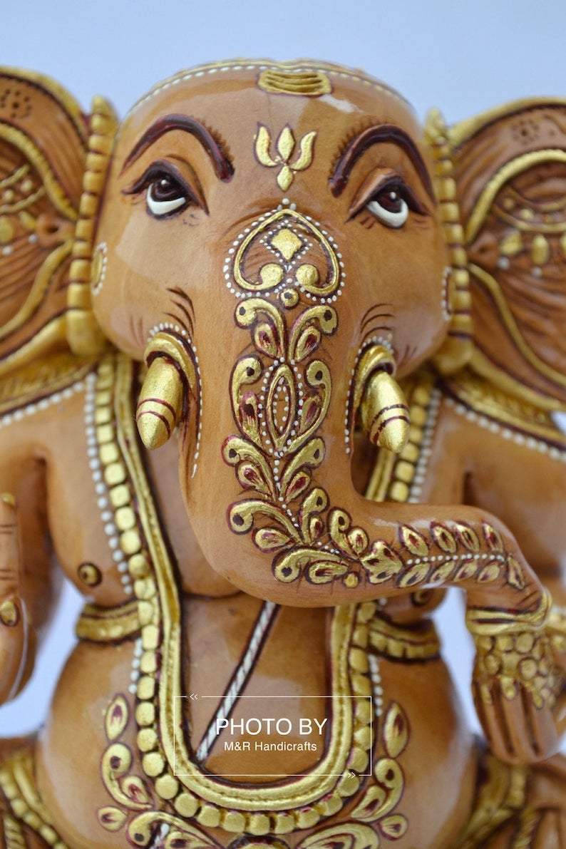 Wooden Hand Painted Baby Ganesha Statue - Malji Arts