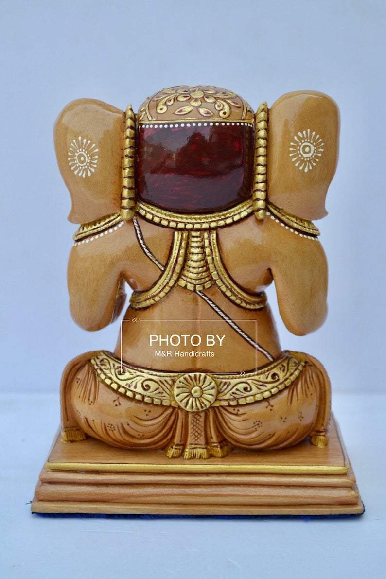 Wooden Hand Painted Baby Ganesha Statue - Malji Arts