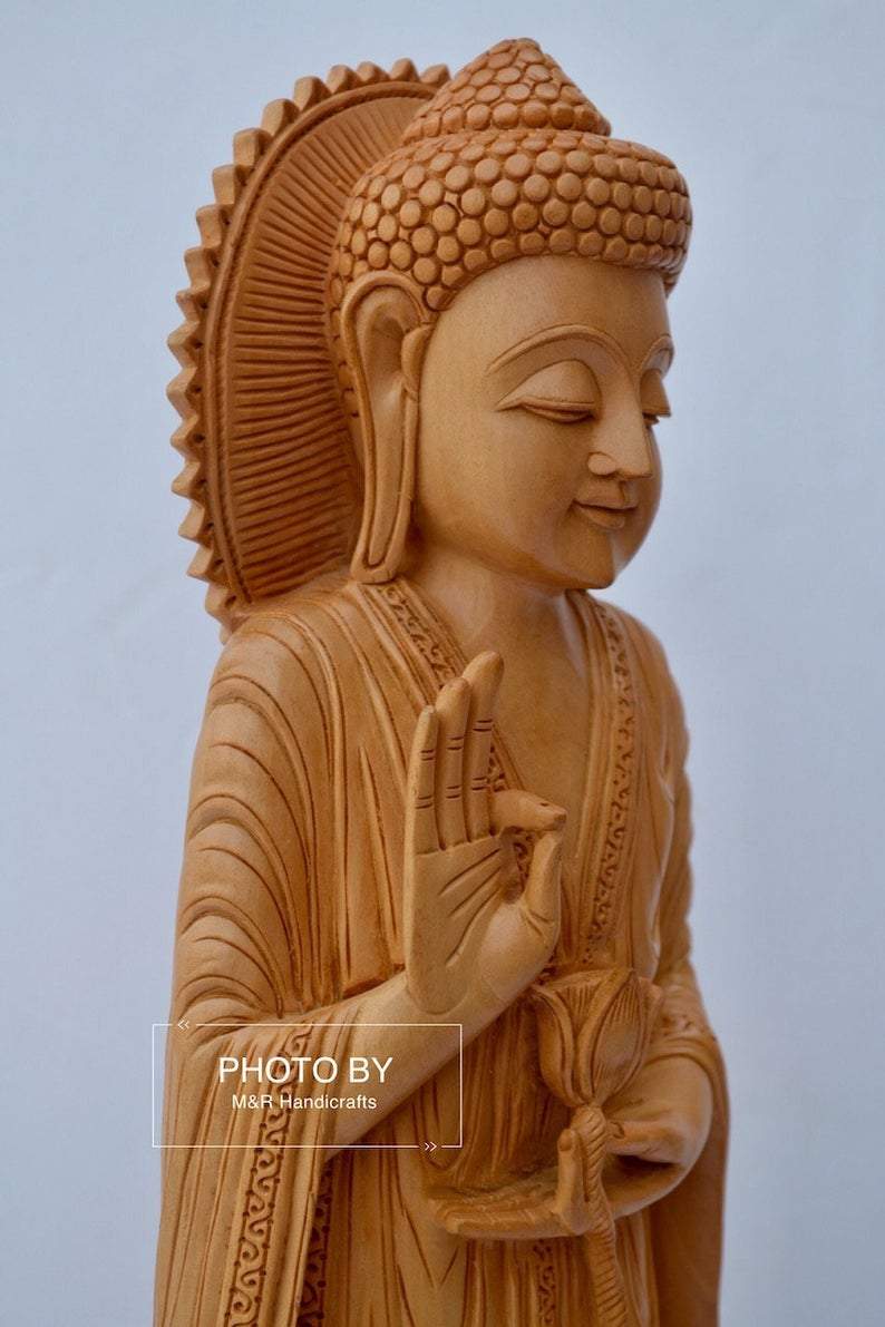 Wooden Standing Buddha Statue Big- 15 inches - Malji Arts