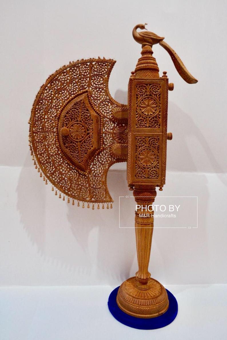 Sandalwood Krishna Decorative Hand Fan- 3 Opening Windows - Malji Arts