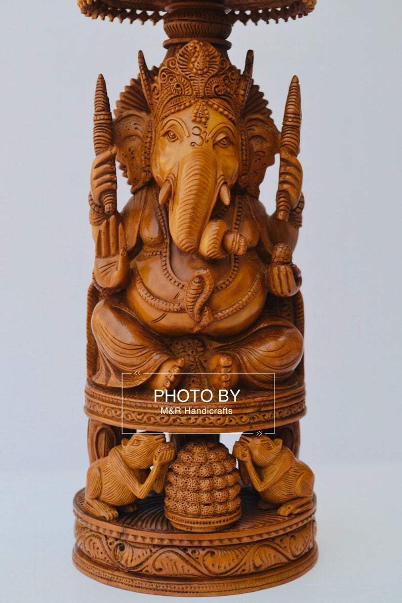 Sandalwood Beautifully Hand Carved Ganesha Chatri or umbrella - Malji Arts