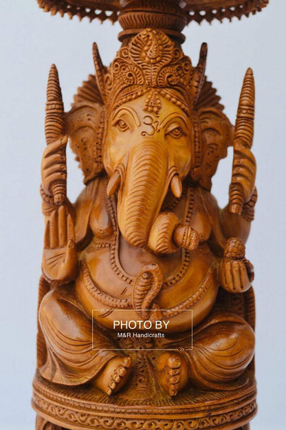 Sandalwood Beautifully Hand Carved Ganesha Chatri or umbrella - Malji Arts