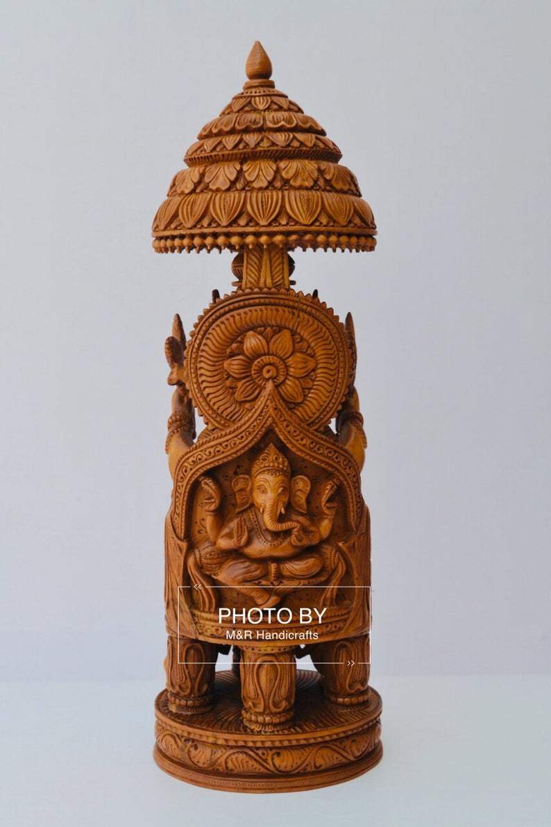 Sandalwood Beautifully Hand Carved Ganesha Chatri or umbrella - Malji Arts
