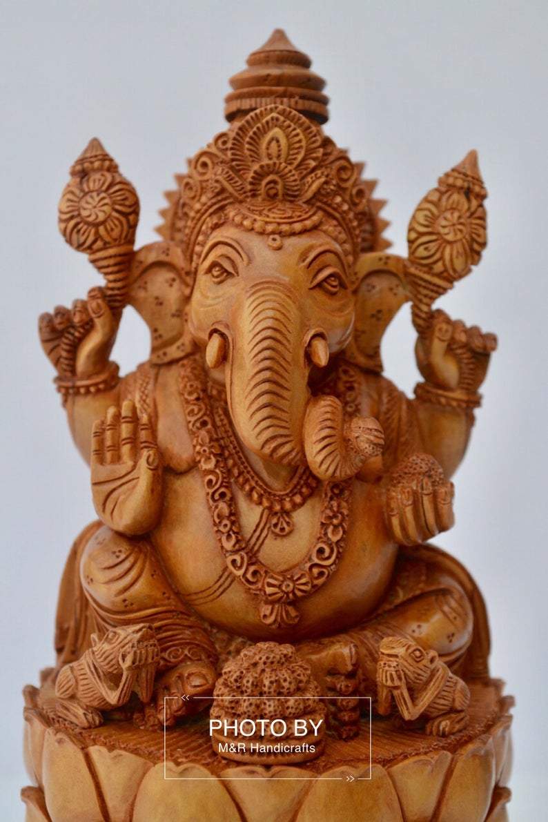 Sandalwood Fine Hand Carved Ganesha Statue on Lotus - Malji Arts