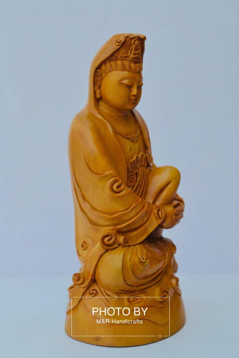 Sandalwood Hand Carved Sitting Lady Buddha Statue - Malji Arts