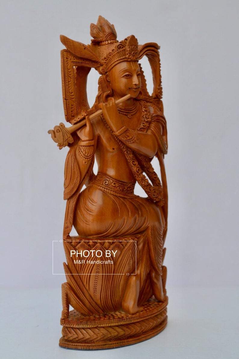 Sandalwood Very Fine Carved Sitting Lord Krishna Statue - Malji Arts
