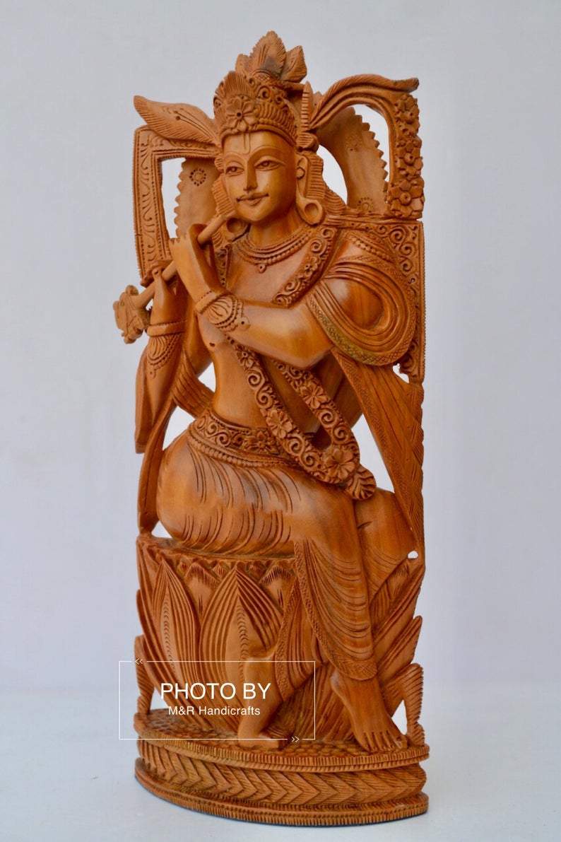 Sandalwood Very Fine Carved Sitting Lord Krishna Statue - Malji Arts