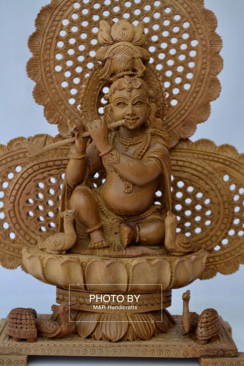Sandalwood Carved Baby Krishna Statue with Unique Base - Malji Arts