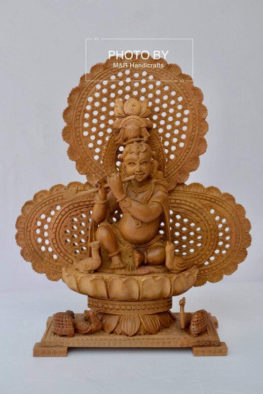 Sandalwood Carved Baby Krishna Statue with Unique Base - Malji Arts