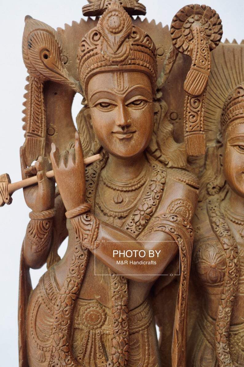 Vintage Sandalwood Beautifully Carved Radha Krishna Statue - Malji Arts