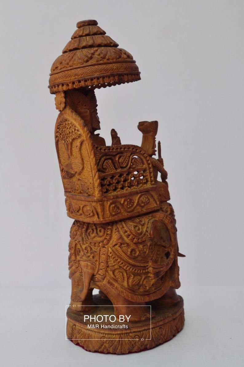 Vintage Sandalwood Carved Royal Elephant Ambabari Statue - Malji Arts