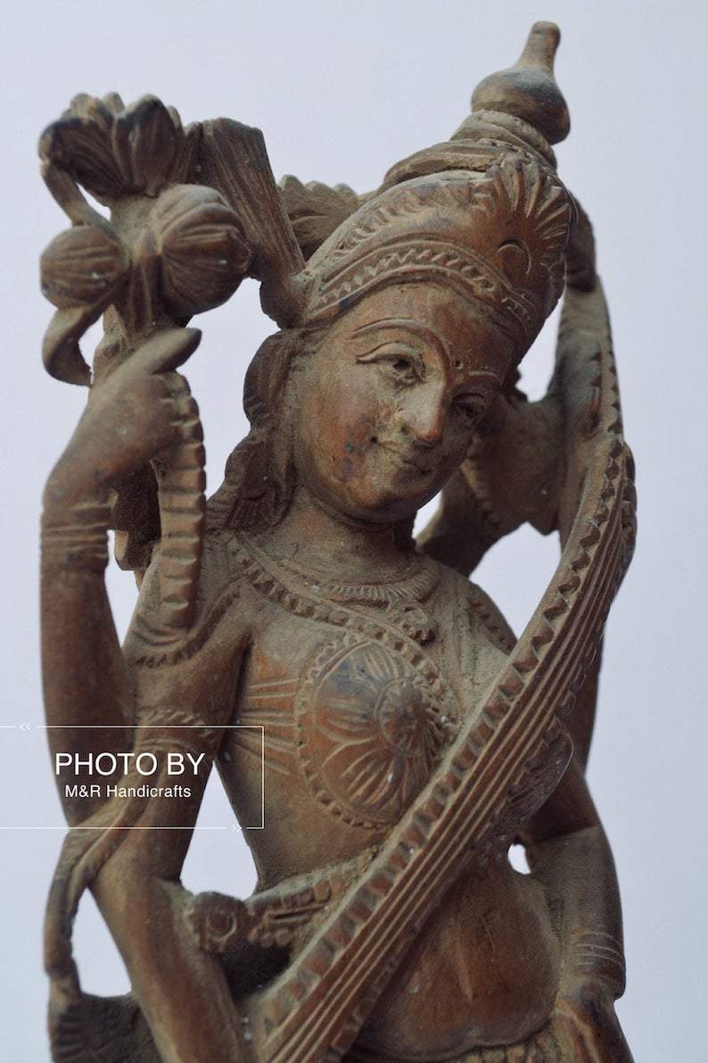 Vintage Sandalwood Carved Rare Goddess Saraswati Statue - Malji Arts