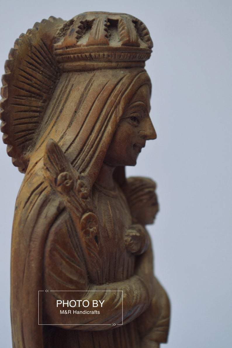 Antique Sandalwood Carved Mother Mary with Infant Jesus statue - Malji Arts