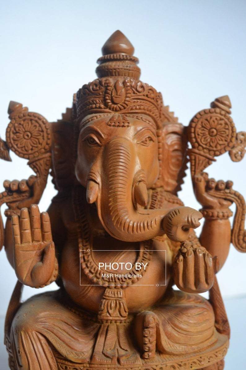 Sandalwood Beautifully Hand Carved Ganesha Sitting Statue - Malji Arts