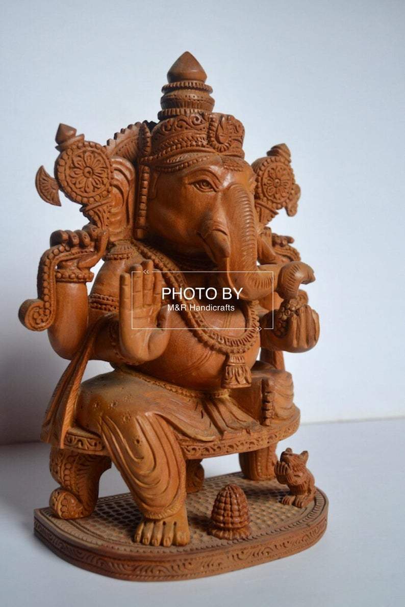 Sandalwood Beautifully Hand Carved Ganesha Sitting Statue - Malji Arts