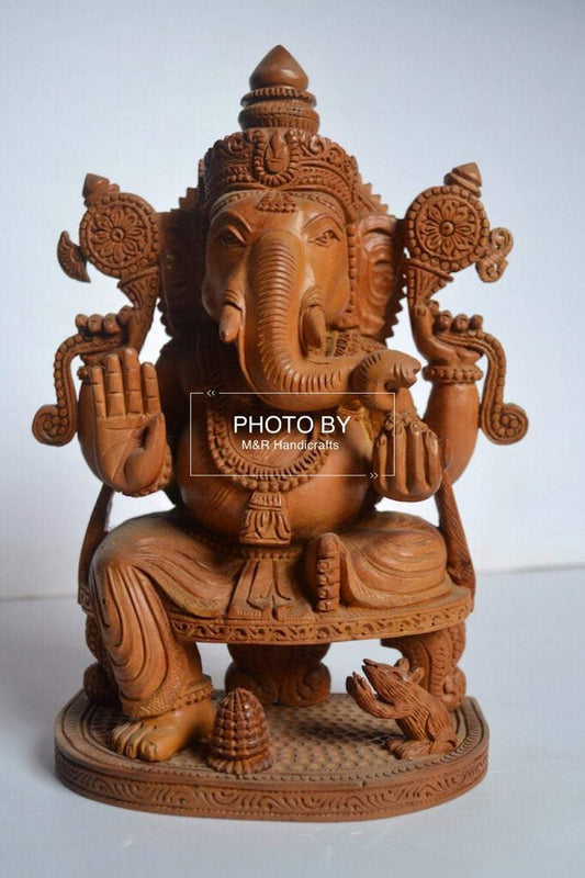 Sandalwood Beautifully Hand Carved Ganesha Sitting Statue - Malji Arts