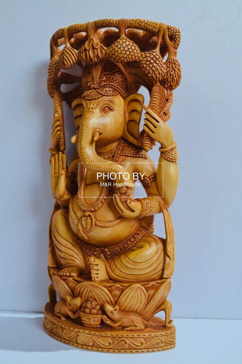 Wooden Fine Carved Ganesha Statue Under Tree - Malji Arts