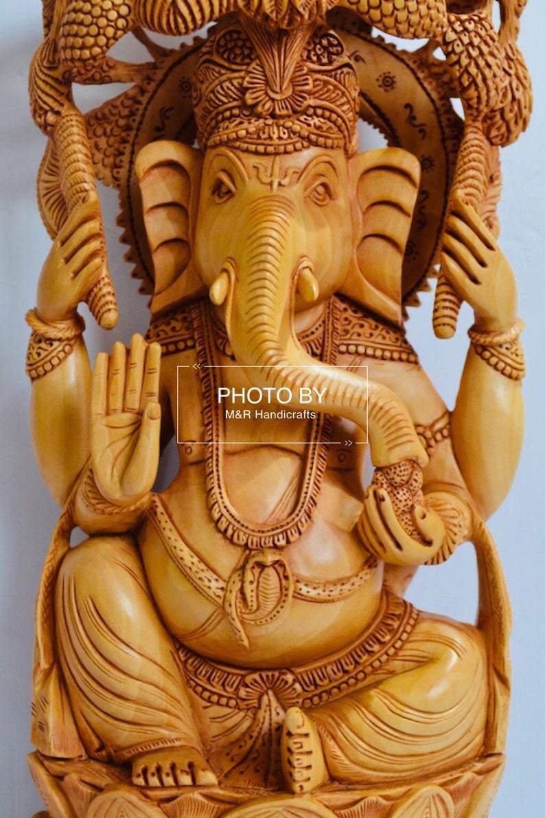 Wooden Fine Carved Ganesha Statue Under Tree - Malji Arts