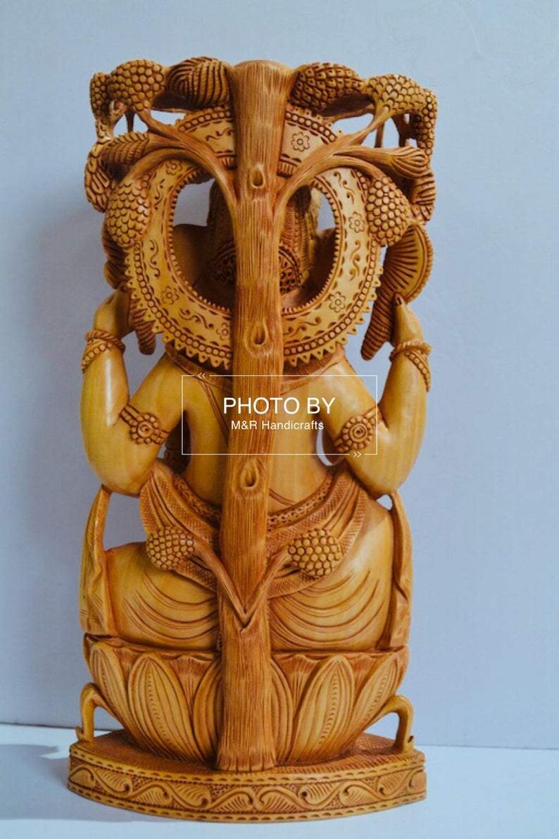 Wooden Fine Carved Ganesha Statue Under Tree - Malji Arts
