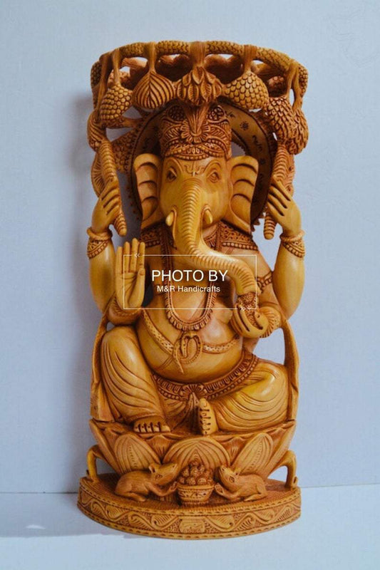 Wooden Fine Carved Ganesha Statue Under Tree - Malji Arts