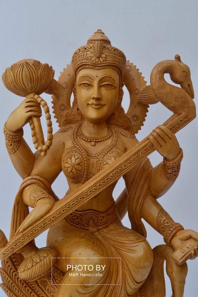 Beautifully Hand Carved Wooden Goddess Saraswati Statue - Malji Arts