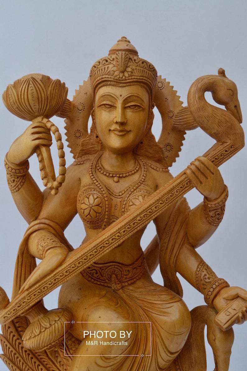 Beautifully Hand Carved Wooden Goddess Saraswati Statue - Malji Arts