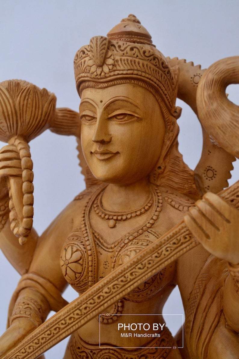 Beautifully Hand Carved Wooden Goddess Saraswati Statue - Malji Arts