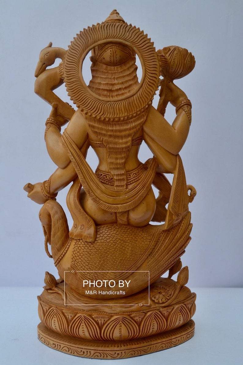 Beautifully Hand Carved Wooden Goddess Saraswati Statue - Malji Arts