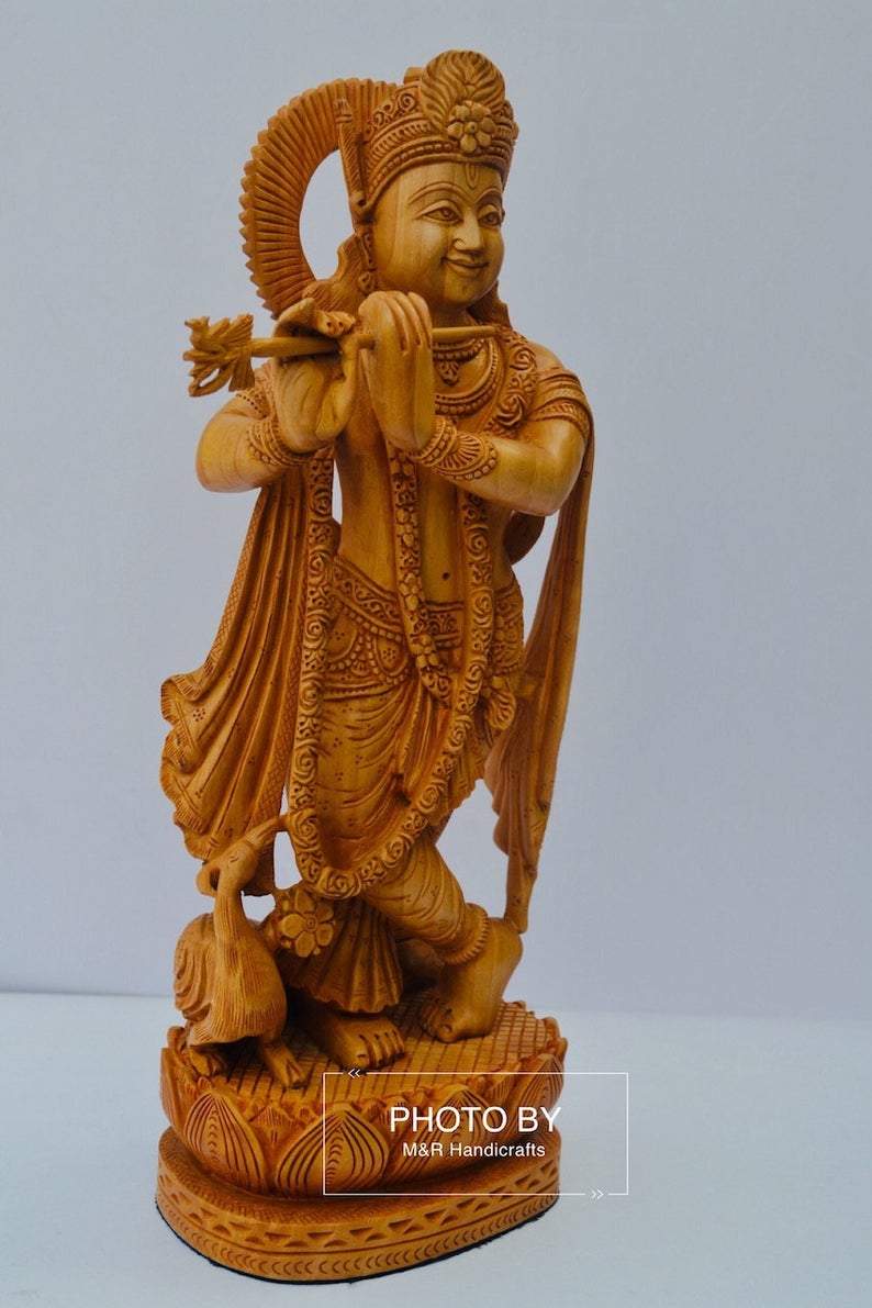 Wooden Very Beautifully Hand Carved Smiling Lord Krishna Statue - Malji Arts