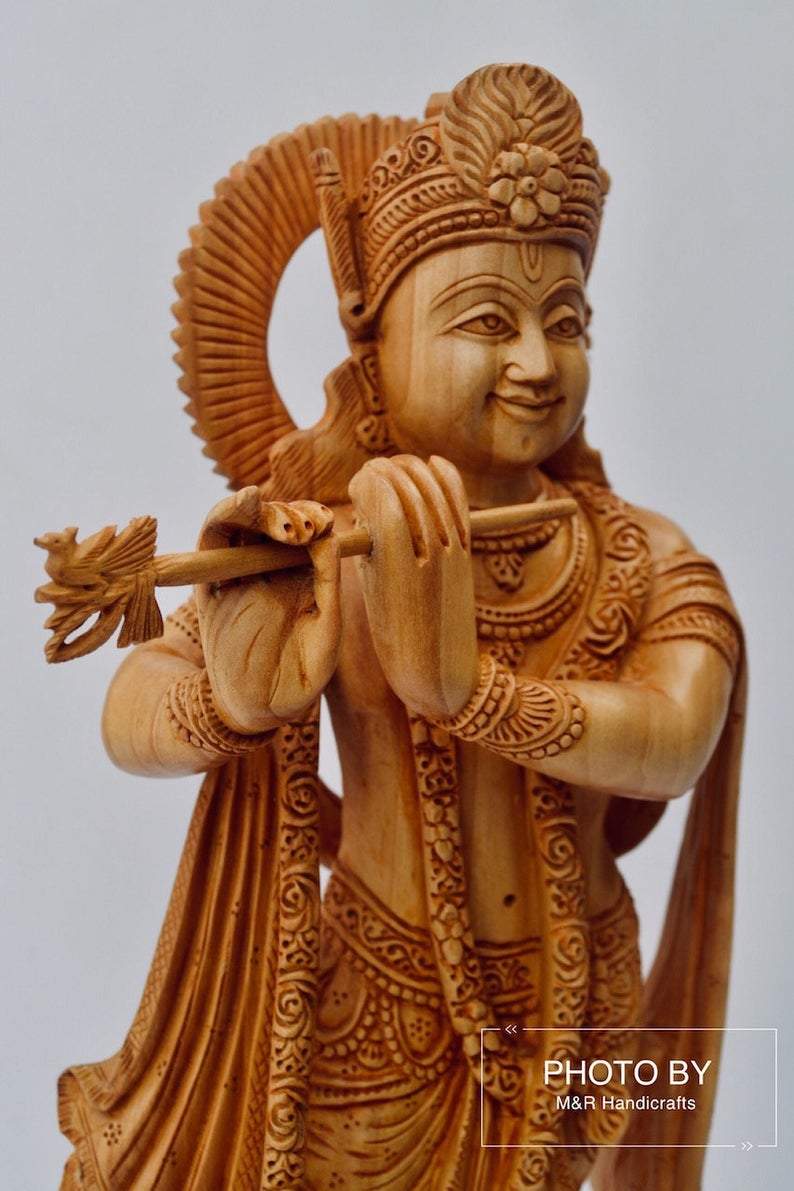 Wooden Very Beautifully Hand Carved Smiling Lord Krishna Statue - Malji Arts