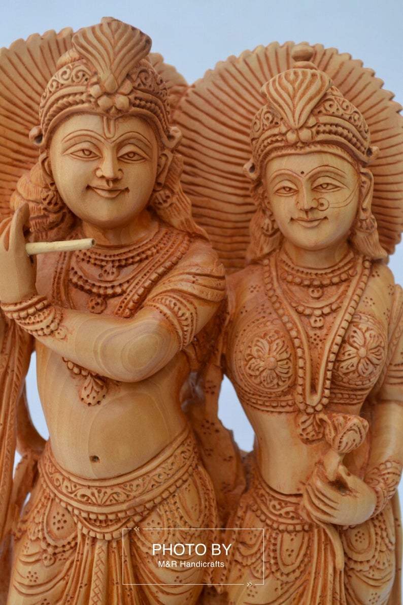 Wooden beautifully hand carved radha krishna statue - Malji Arts